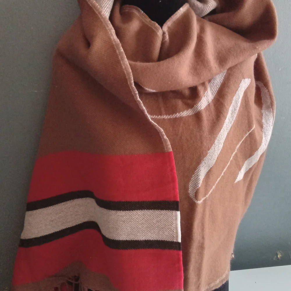 Victoria's Secret Pink Oversized Blanket Scarf Wrap Tan White Pink Stripe Fringe